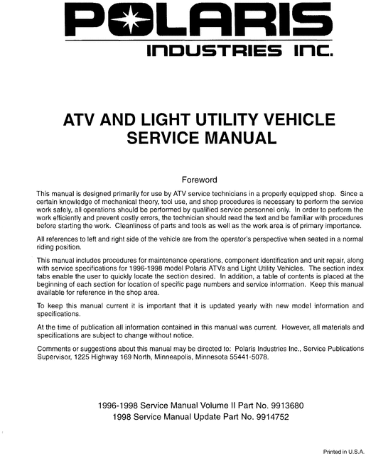 Product picture 1996-1998 Polaris ATV Light Utility Service Repair Manual